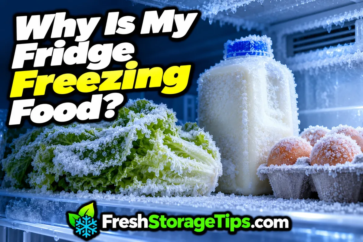 Frosted lettuce, a frozen milk jug and frosted eggs on a fridge shelf, with the title Why Is My Fridge Freezing Food? and the FreshStorageTips.com logo