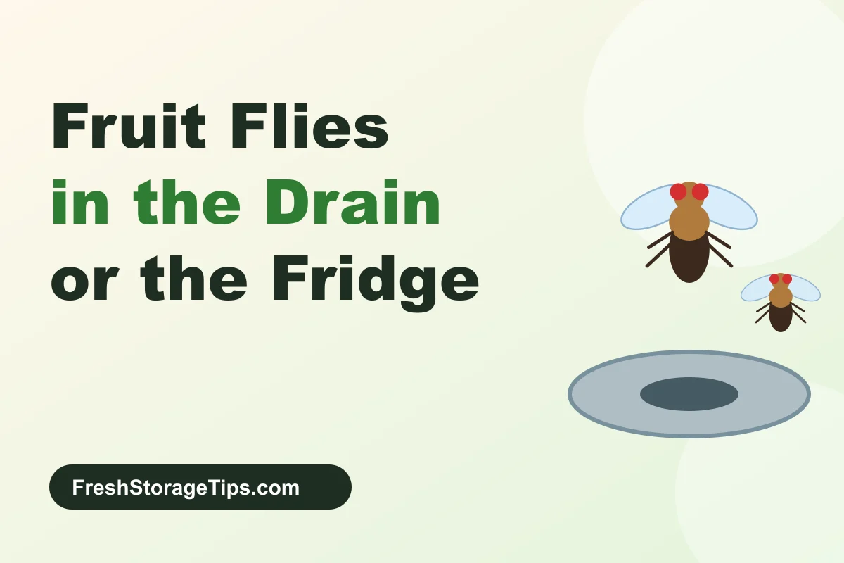 Illustration of fruit flies above a sink drain, with the title Fruit Flies in the Drain or the Fridge