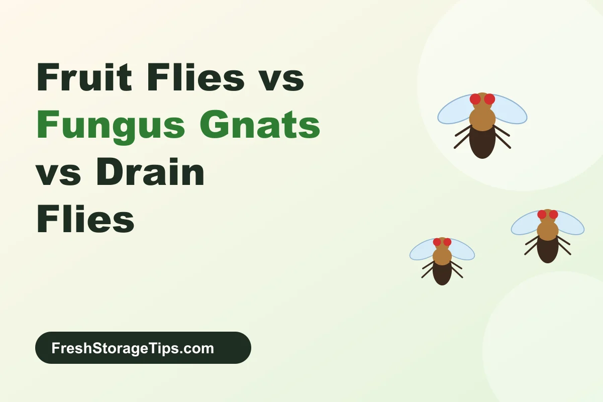 Illustration of three small flies, with the title Fruit Flies vs Fungus Gnats vs Drain Flies