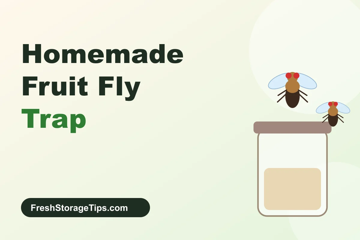 Illustration of a glass jar trap with two fruit flies, with the title Homemade Fruit Fly Trap
