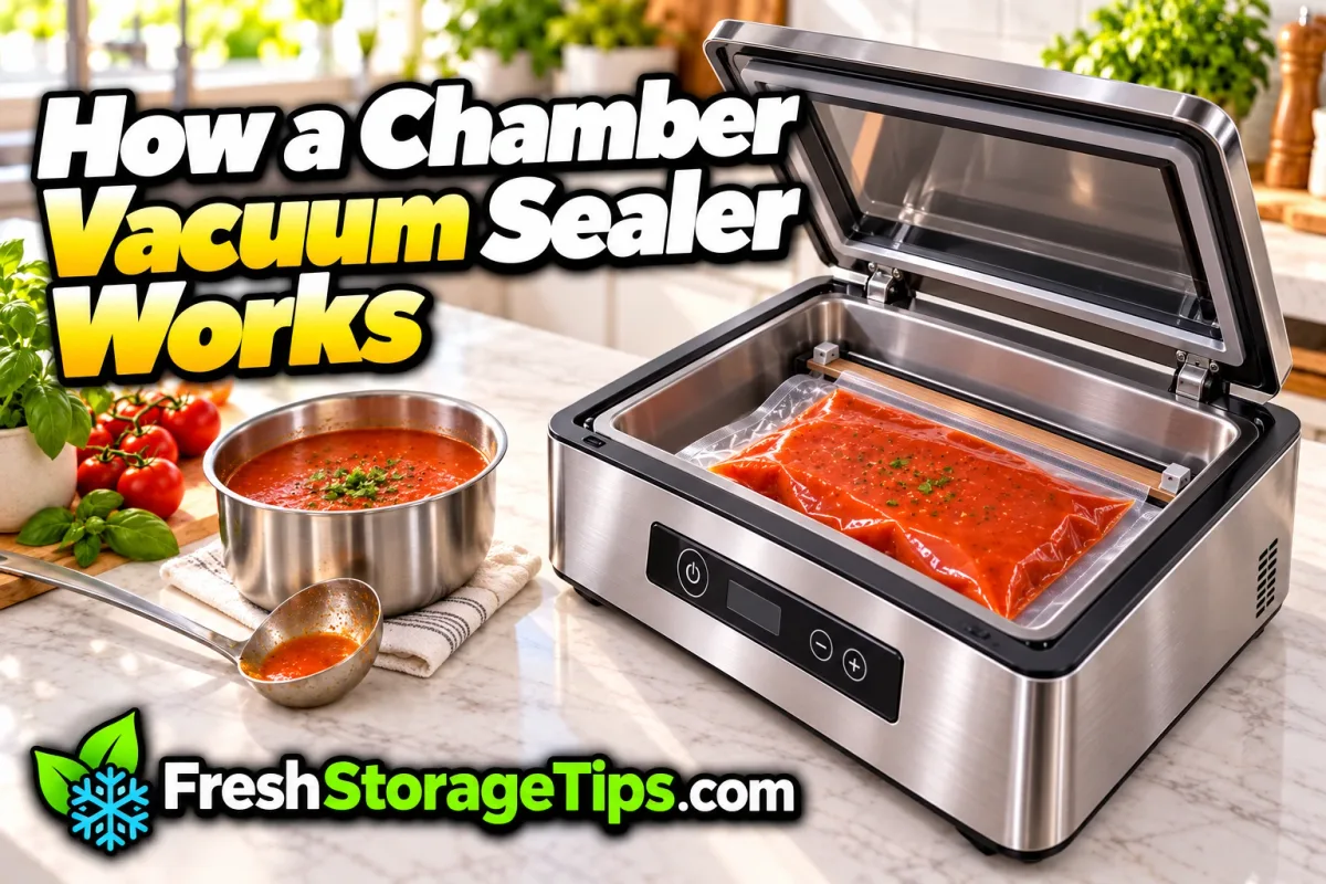 A stainless steel chamber vacuum sealer with its lid open and a pouch of tomato soup on the seal bar, next to a pot of soup, with the title How a Chamber Vacuum Sealer Works and the FreshStorageTips.com logo