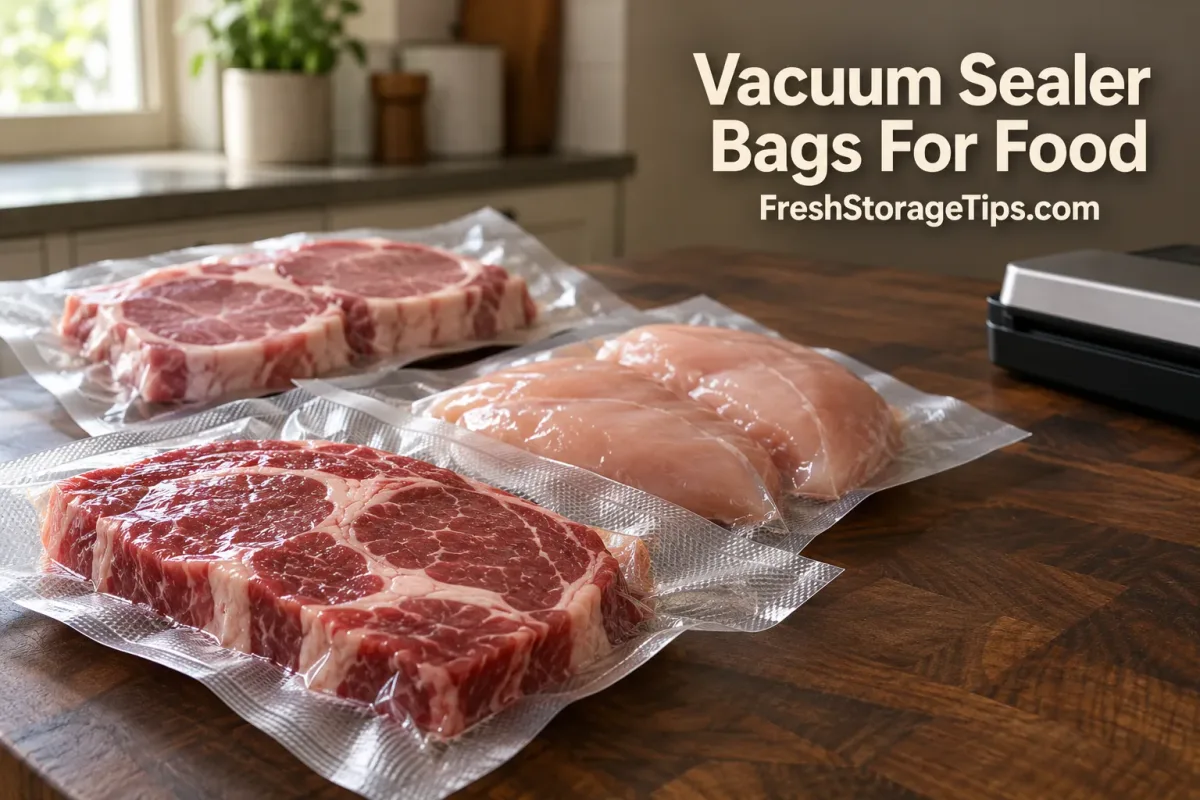 Illustration: vacuum-sealed raw steaks and chicken breasts in clear bags on a wooden counter, with a vacuum sealer in the background