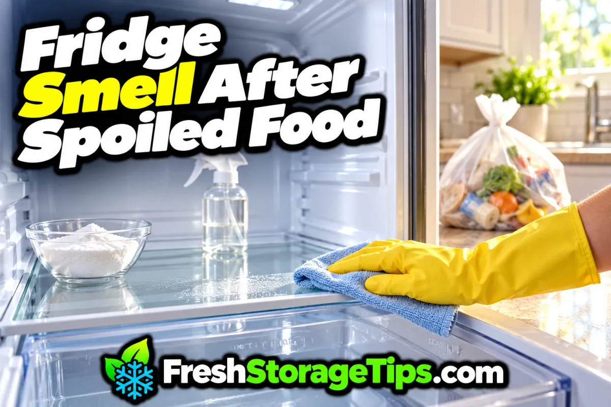 A hand in a yellow rubber glove wiping an empty fridge shelf next to a bowl of baking soda and a spray bottle, with the title Fridge Smell After Spoiled Food and the FreshStorageTips.com logo