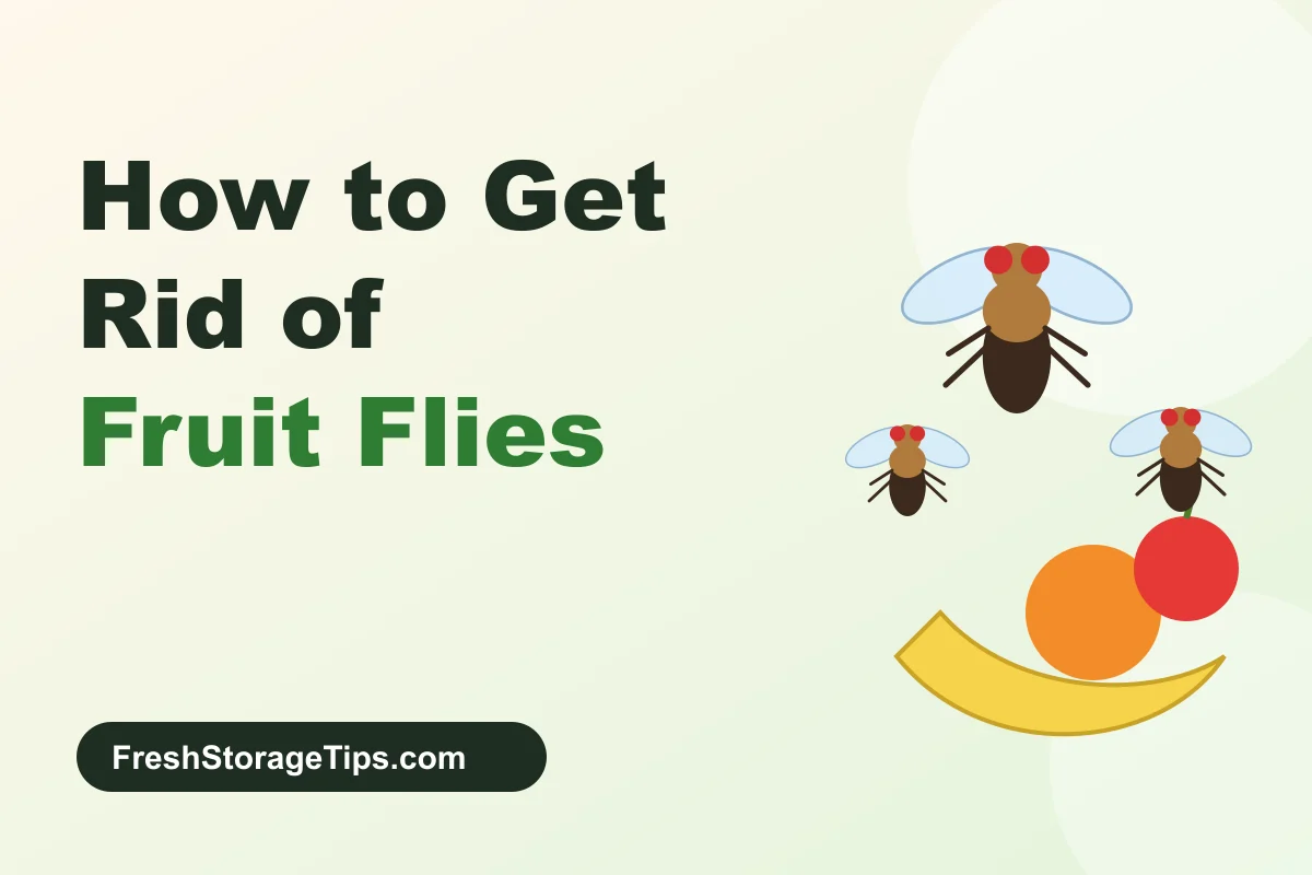 Illustration of three fruit flies with red eyes above a banana, an orange and an apple, with the title How to Get Rid of Fruit Flies