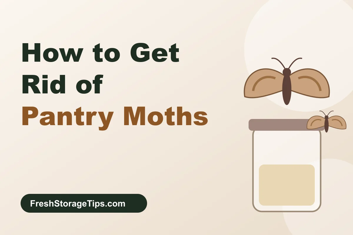 Illustration of pantry moths near a storage jar, with the title How to Get Rid of Pantry Moths