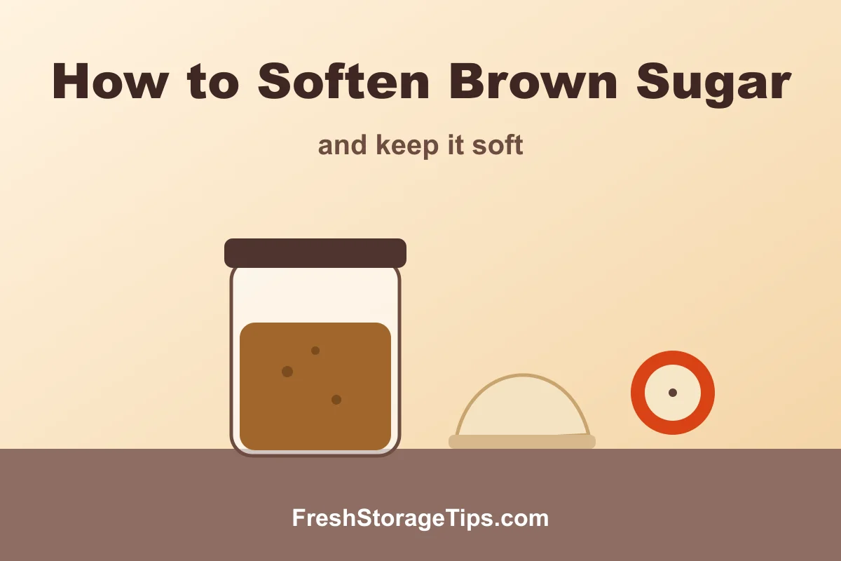 Illustration of a jar of brown sugar next to a slice of bread and an apple slice, with the title How to Soften Brown Sugar