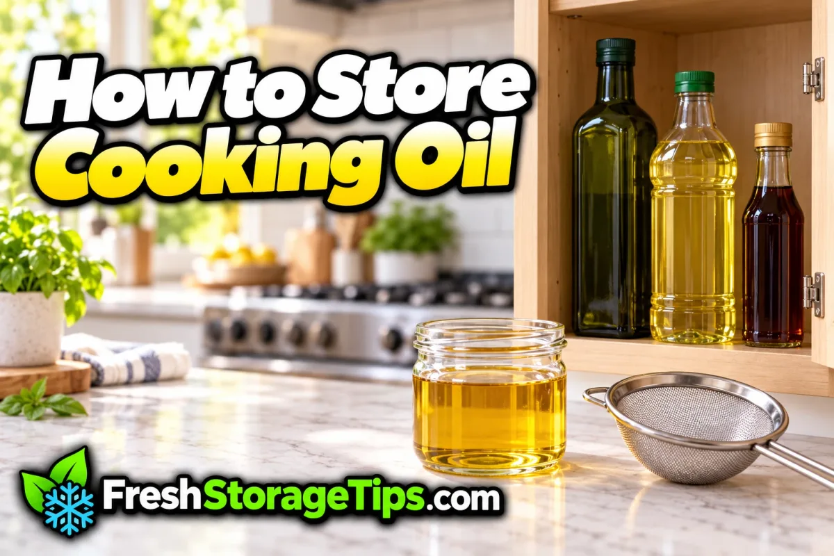 Bottles of olive oil, vegetable oil and sesame oil in a cabinet, a jar of strained frying oil and a fine sieve, with the title How to Store Cooking Oil and the FreshStorageTips.com logo