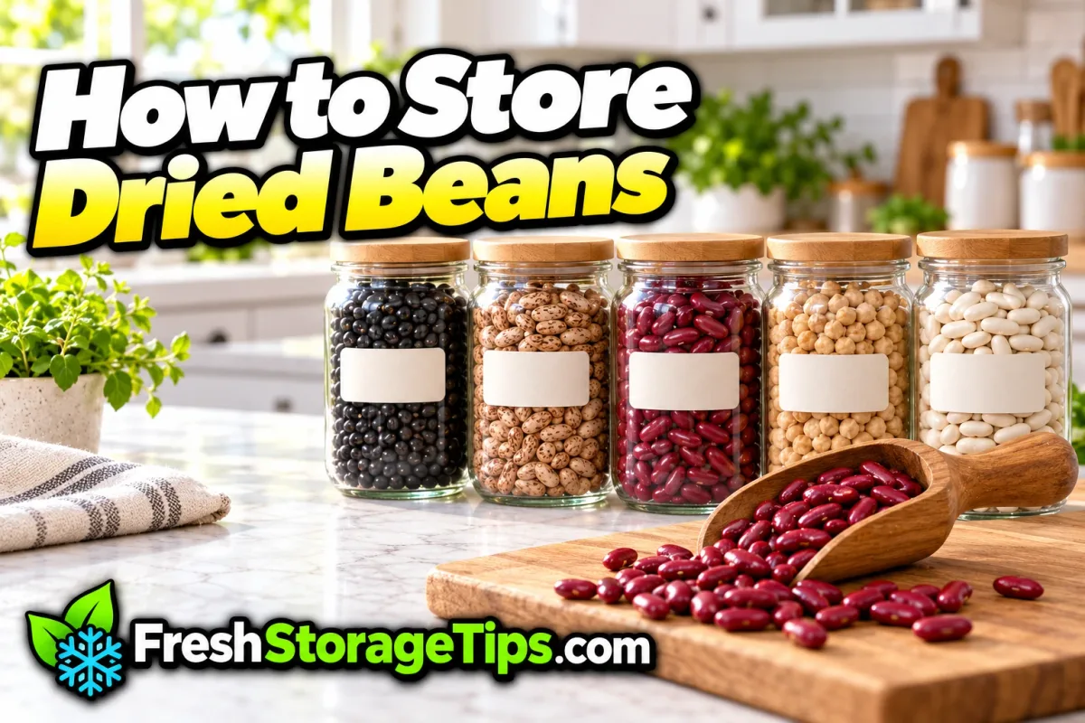 Five glass jars of black beans, pinto beans, kidney beans, chickpeas and white beans with a scoop of red beans, with the title How to Store Dried Beans and the FreshStorageTips.com logo