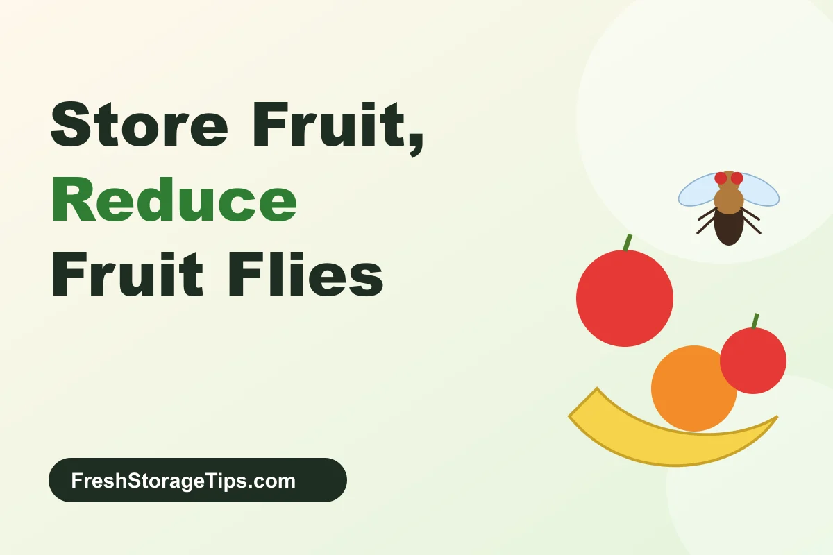 Illustration of an apple, a banana and an orange with a fruit fly, with the title Store Fruit, Reduce Fruit Flies