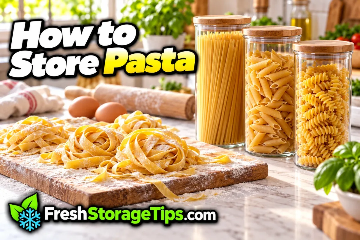 Nests of fresh homemade tagliatelle on a floured board next to tall jars of spaghetti, penne and fusilli, with the title How to Store Pasta and the FreshStorageTips.com logo