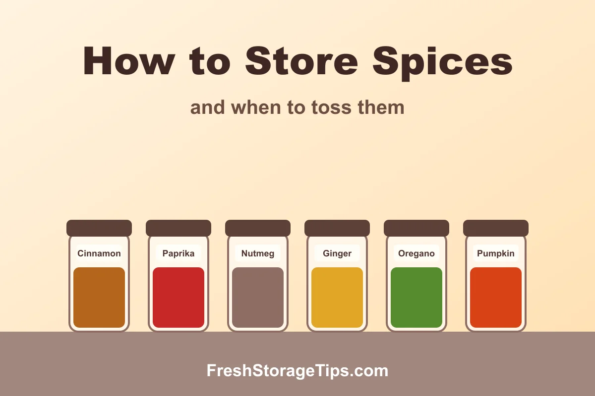 Illustration of six spice jars labeled cinnamon, paprika, nutmeg, ginger, oregano and pumpkin, with the title How to Store Spices
