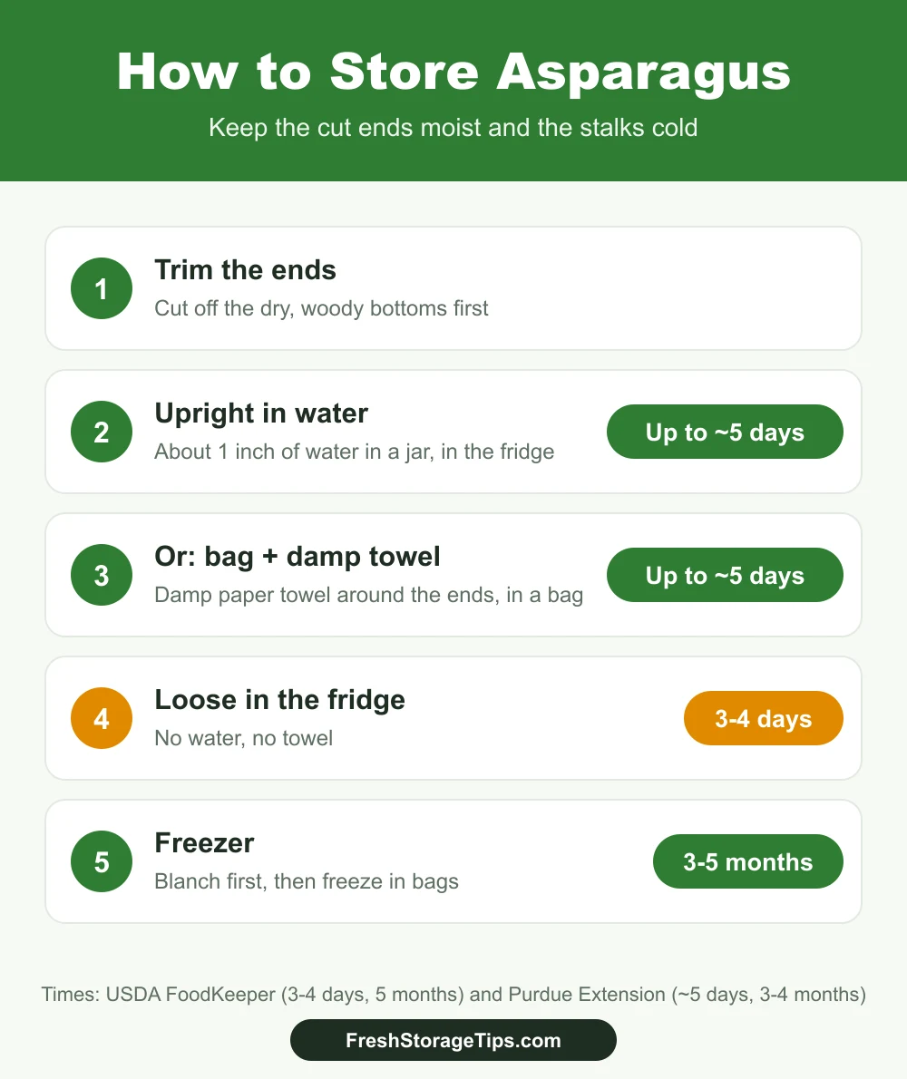 Infographic: asparagus keeps 3 to 4 days in the fridge, up to about 5 days upright in water or in a bag with a damp paper towel, and 3 to 5 months frozen after blanching.