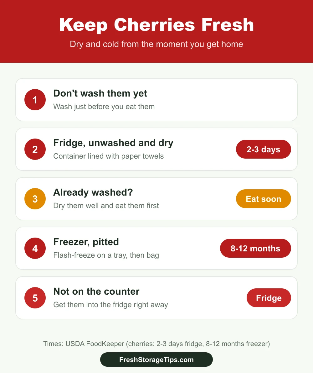 Infographic: fresh cherries keep 2 to 3 days in the fridge, unwashed and dry; pitted cherries keep 8 to 12 months in the freezer.