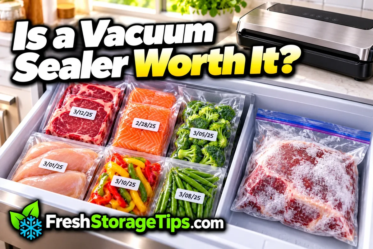 A freezer drawer with dated vacuum sealed packs of steak, salmon, chicken and vegetables next to a frosty freezer-burned zip bag of meat, a vacuum sealer behind it, with the title Is a Vacuum Sealer Worth It? and the FreshStorageTips.com logo