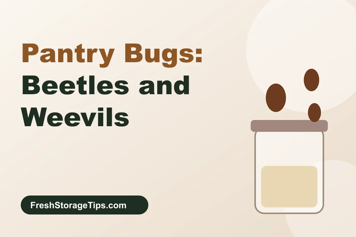 Illustration of small brown beetles near a storage jar, with the title Pantry Bugs: Beetles and Weevils