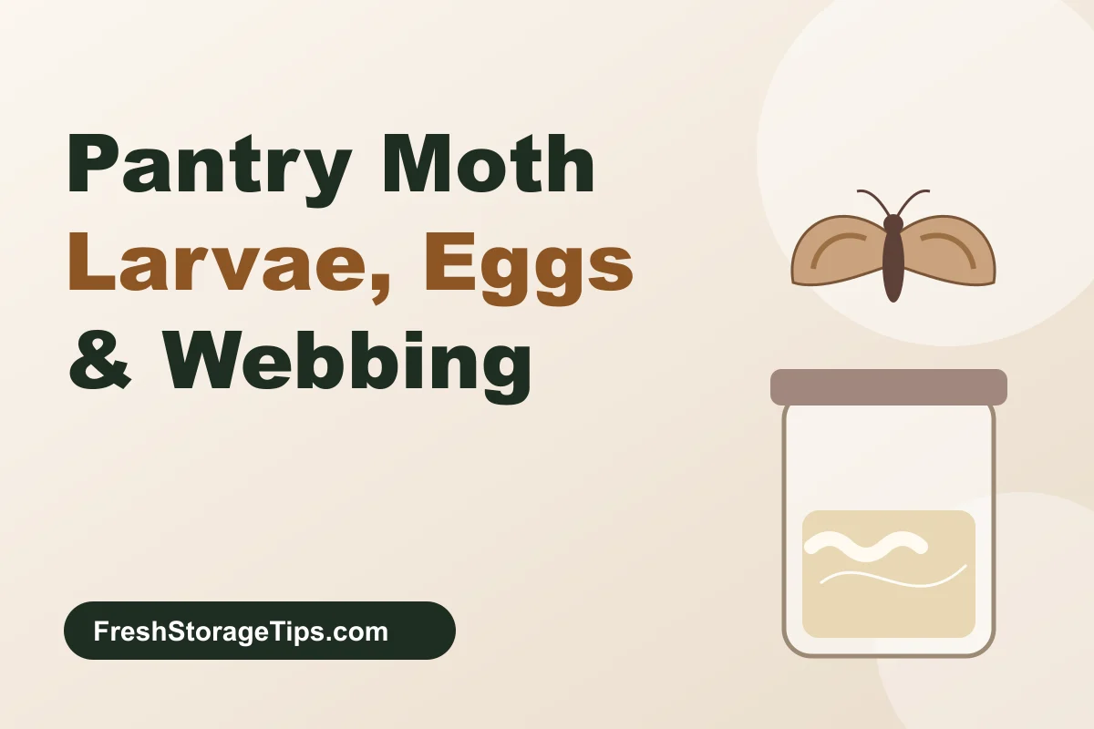 Illustration of a pantry moth and a storage jar with larvae and webbing, with the title Pantry Moth Larvae, Eggs and Webbing