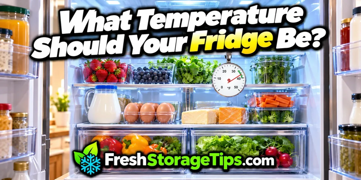 An open fridge with berries, greens, milk, eggs and cheese and a dial thermometer reading 37°F on the shelf, with the title What Temperature Should Your Fridge Be? and the FreshStorageTips.com logo