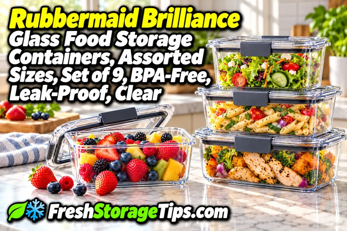 Stacked Rubbermaid Brilliance glass containers with clear latching lids, filled with salad, pasta and chicken, next to a container of berries