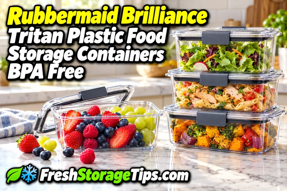 Stacked clear Rubbermaid Brilliance Tritan containers with grey latches filled with salad, pasta and vegetables, with the title Rubbermaid Brilliance Tritan Plastic Food Storage Containers BPA Free and the FreshStorageTips.com logo