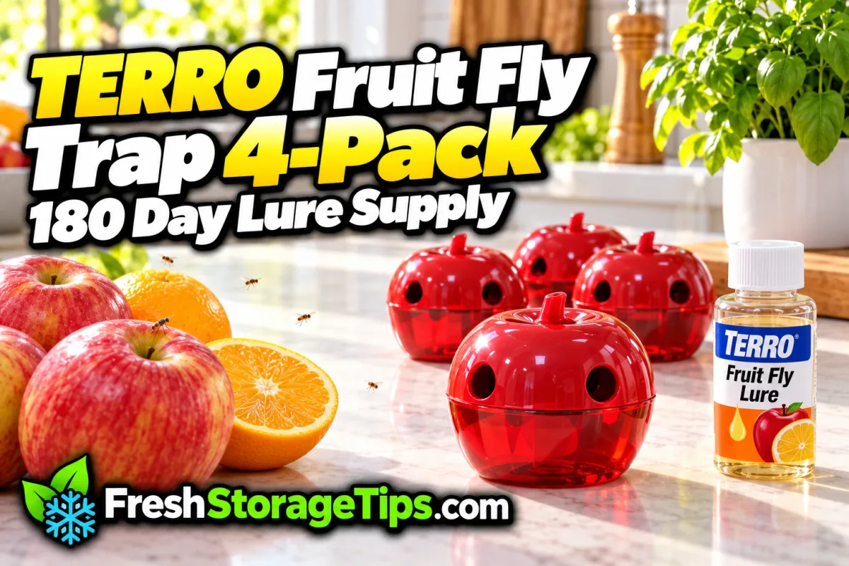Four red apple-shaped TERRO fruit fly traps and a bottle of fruit fly lure next to apples and oranges, with the title TERRO Fruit Fly Trap 4-Pack and the FreshStorageTips.com logo