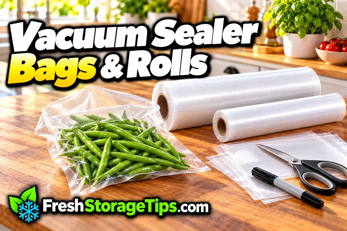 A wide and a narrow roll of textured vacuum sealer bags on a wooden counter with pre-cut bags, scissors, a marker and an open bag of green beans, with the title Vacuum Sealer Bags & Rolls and the FreshStorageTips.com logo