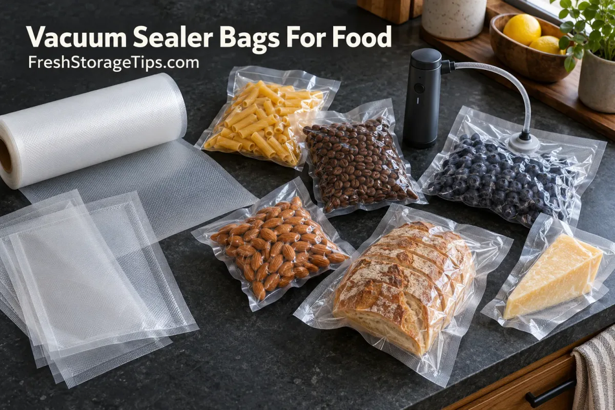 Illustration: a roll of vacuum sealer bags and sealed bags of pasta, coffee beans, almonds, bread, blueberries and cheese