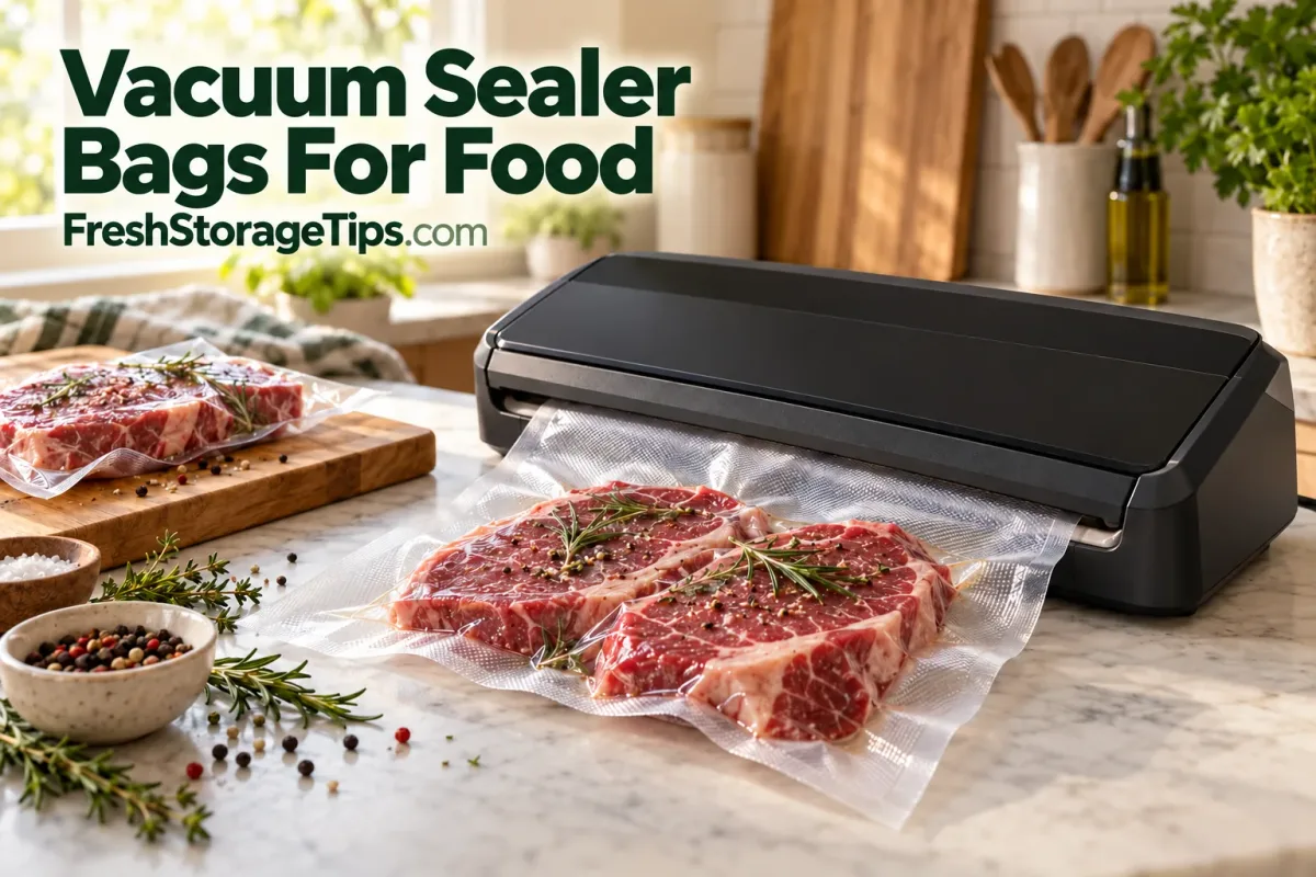 Illustration: a vacuum sealer sealing raw steaks in a clear bag on a kitchen counter