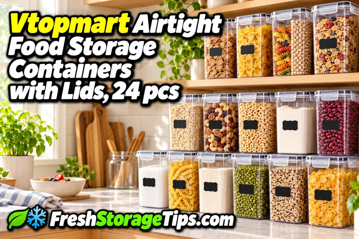 Rows of clear Vtopmart pantry canisters with black lids and labels filled with pasta, cereal, beans, nuts and flour, with the title Vtopmart Airtight Food Storage Containers and the FreshStorageTips.com logo