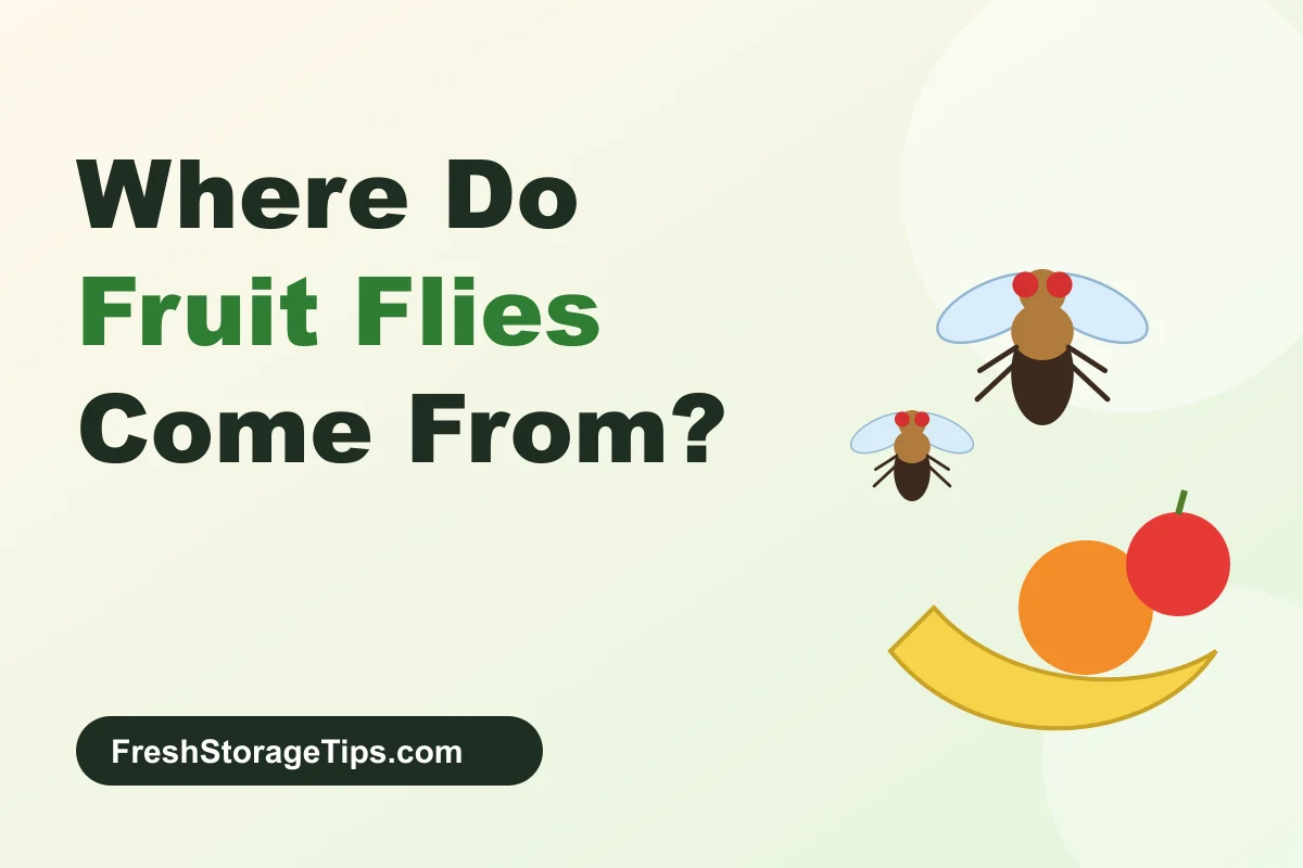 Illustration of fruit flies above a banana and fruit, with the title Where Do Fruit Flies Come From?