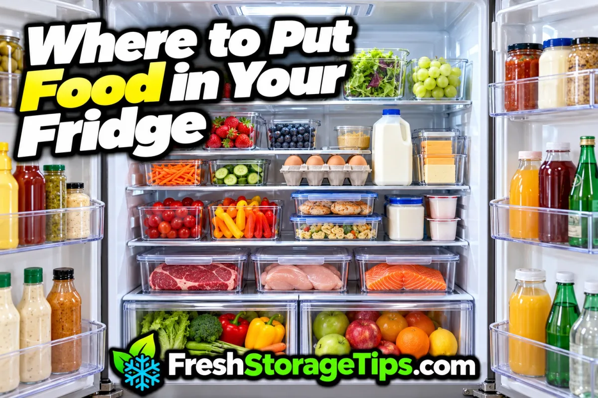 An organized fridge with clear bins: raw meat, chicken and salmon in containers on the bottom shelf, eggs in their carton and milk on a middle shelf, vegetables and fruit in the drawers, sauces and drinks in the door, with the title Where to Put Food in Your Fridge and the FreshStorageTips.com logo
