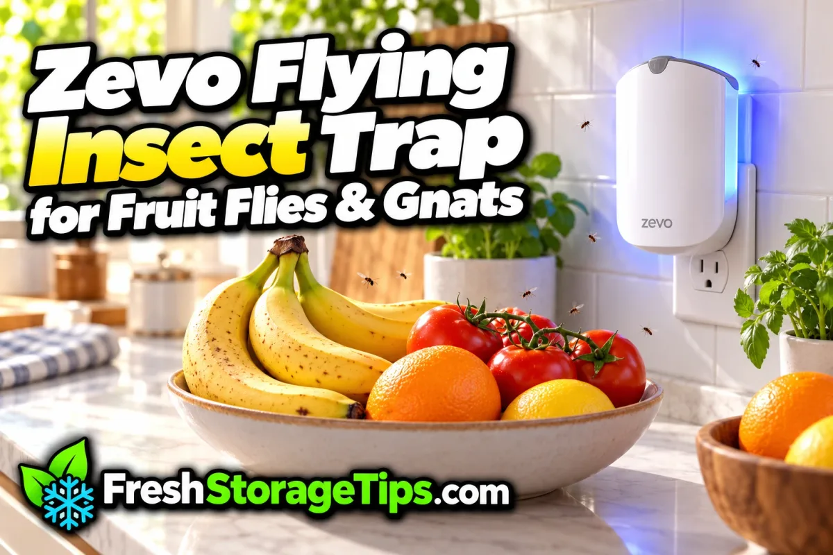 A white Zevo plug-in insect trap with a blue glow in a kitchen outlet behind a bowl of fruit